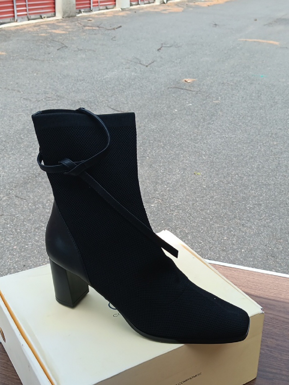 Black Knit Ankle Booties with Strap and Block Heel